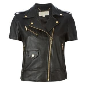 Michael Kors S Leather Short Sleeve Moto Jacket MK Biker Belted Zip Lamb Plongé